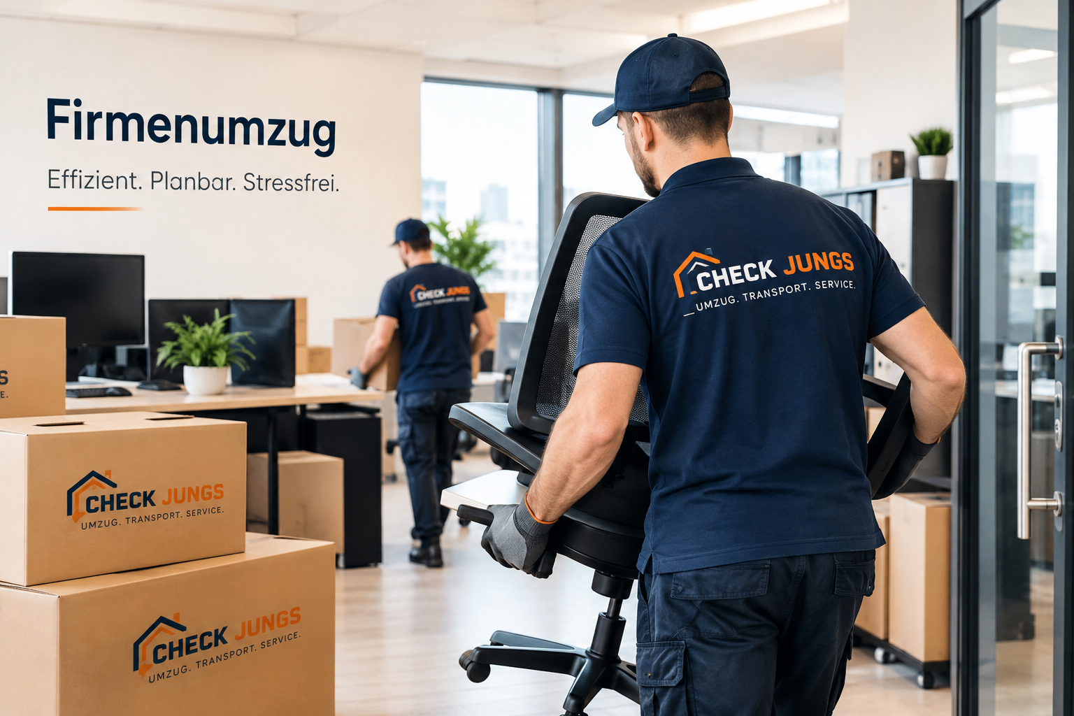 Mitarbeiter transportieren Kartons und Büroausstattung in einem Büro.