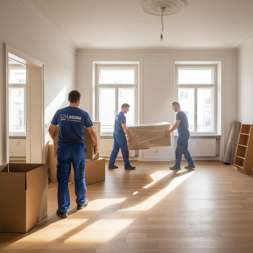 Mitarbeiter räumen Möbel und Gegenstände aus einem Zimmer.