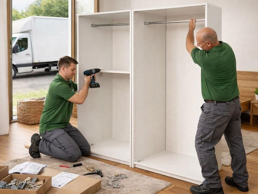 Zwei Personen montieren einen Kleiderschrank in einem hellen Zimmer.