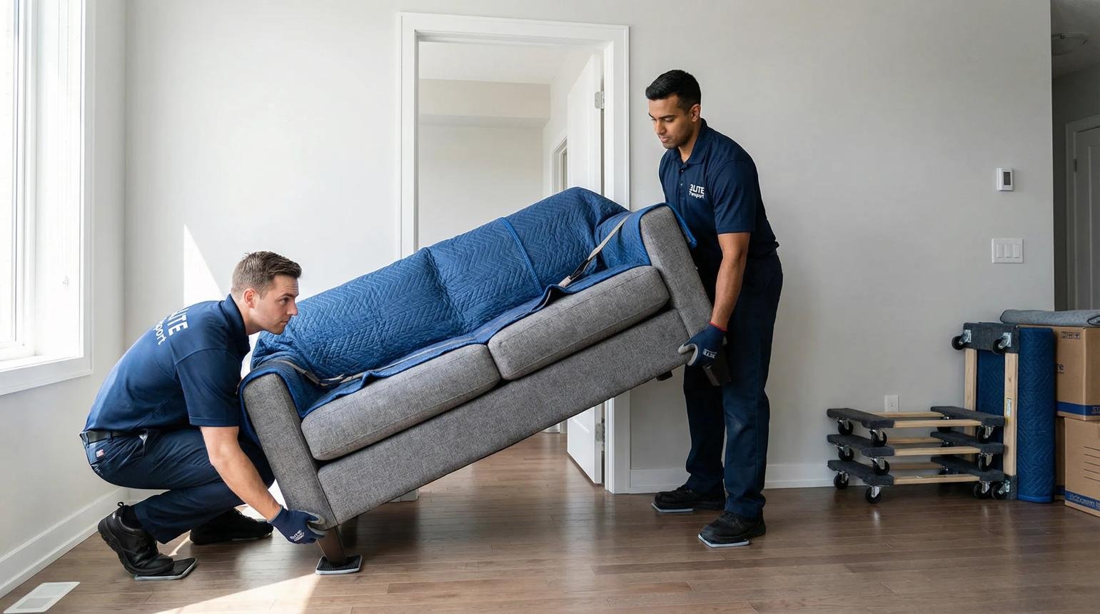 Zwei Mitarbeiter tragen ein Sofa durch einen engen Durchgang.