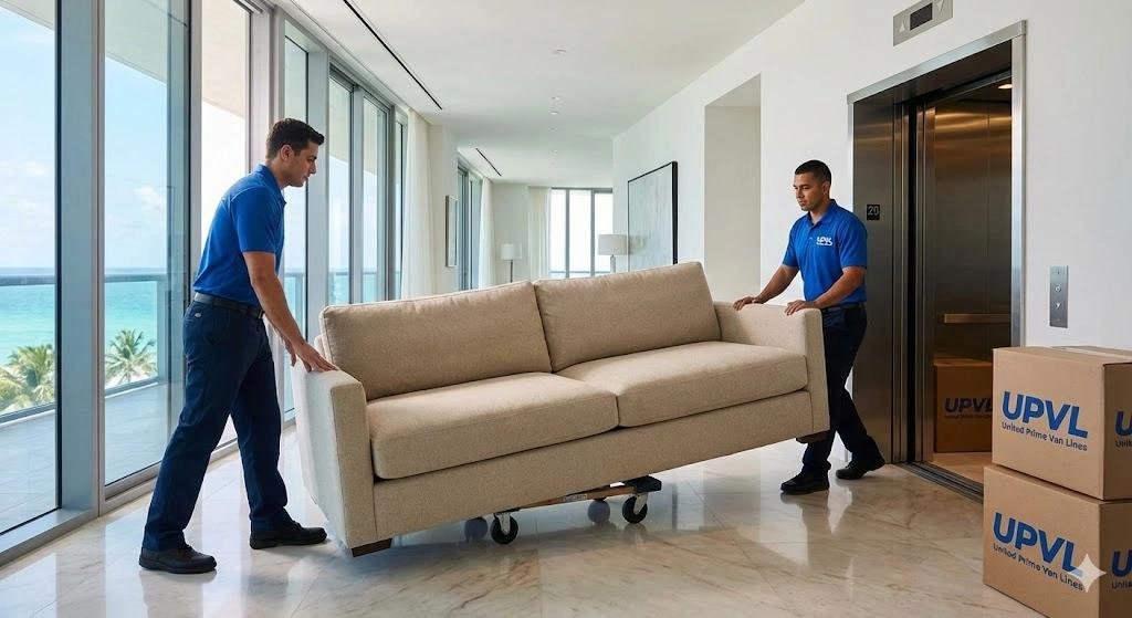 Mitarbeiter tragen ein Sofa in einer Wohnung beim Privatumzug.