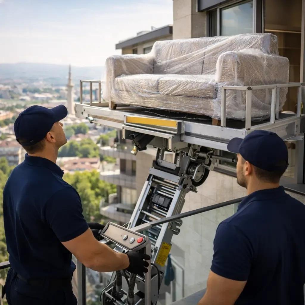 Mitarbeiter bewegen Möbel mit einem Außenaufzug an einem Gebäude.